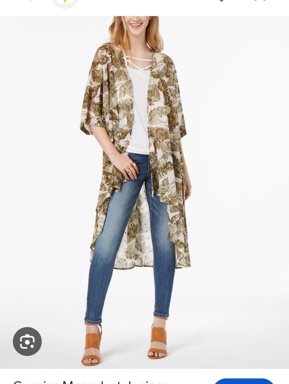 Gypsies & Moondust Womens Size M Sheer Leaf-Print Kimono Duster - Olive/White